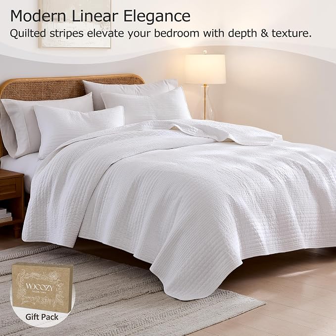 palassio Striped White 100% Cotton Quilt California Cal King Size Bedding Sets - Image 2