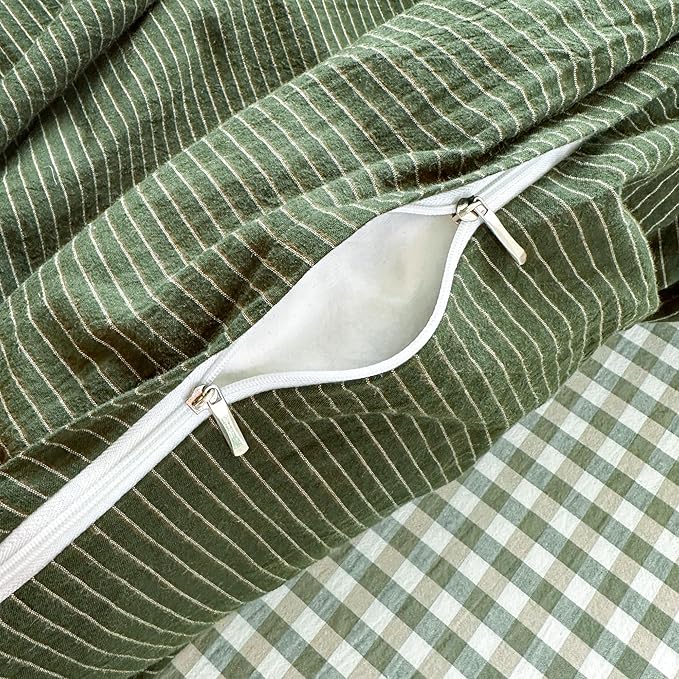 PinkMemory Green Striped Duvet Cover King 100% Washed Cotton Olive Green - Image 6