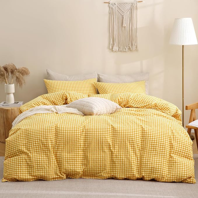 TOCOMOA Yellow Gingham Duvet Cover Bedding Set 100% Washed Cotton Like Linen - Image 3