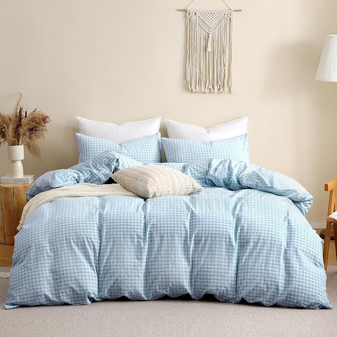 TOCOMOA Light Blue Gingham Duvet Cover Bedding Set 100% Washed Cotton Like - Image 3