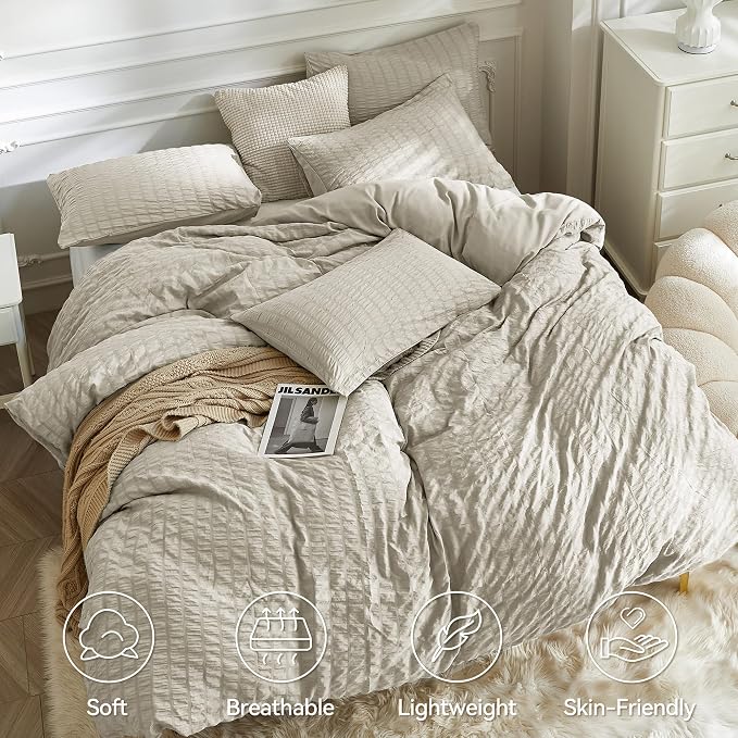 JELLYMONI Beige Duvet Cover Full Size, Soft Breathable Seersucker Duvet Cover - Image 4