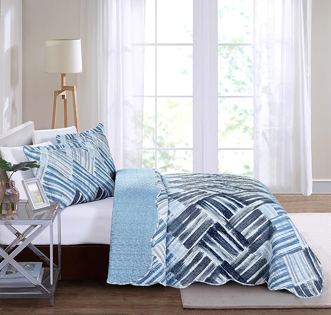 Brilliant Sunshine Blue and Grey Stripe Blocks Patchwork, 3-Piece Quilt Set - Image 7