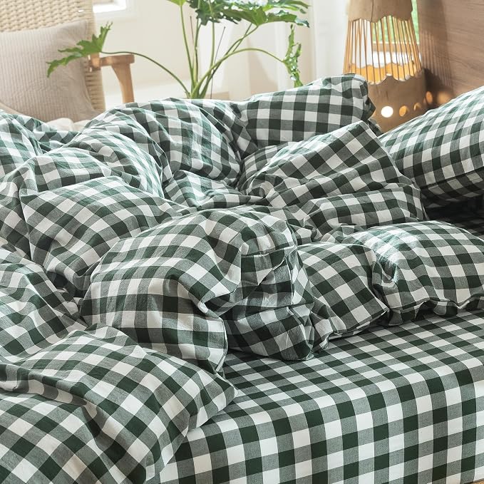 MooMee Gingham Duvet Cover Set 100% Washed Cotton Linen Like Textured - Image 9