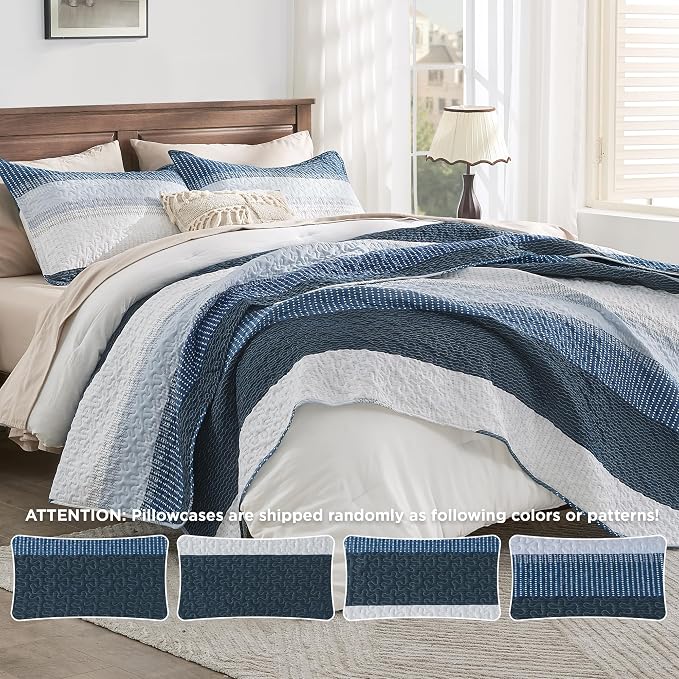 Andency Navy Blue Striped Quilt King, 3 Pieces Patchwork Bedspread Coverlet Set - Image 8