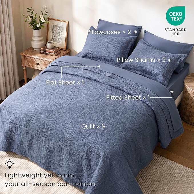 Love's cabin Queen Quilt Set Bluish Grey, Bed in a Bag Queen Bedding 7 Pcs - Image 2