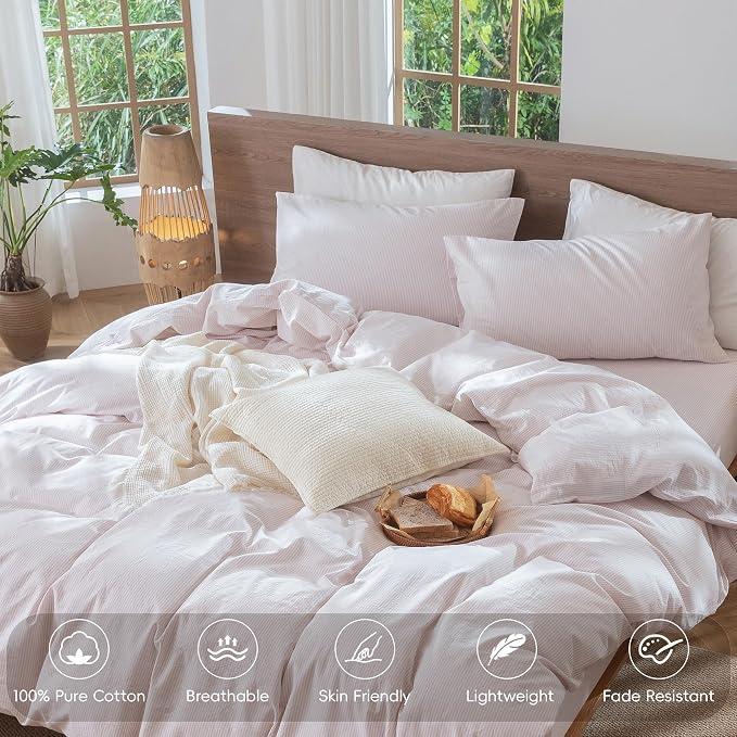 MooMee Striped Duvet Cover Set 100% Washed Cotton Linen Like Textured - Image 4