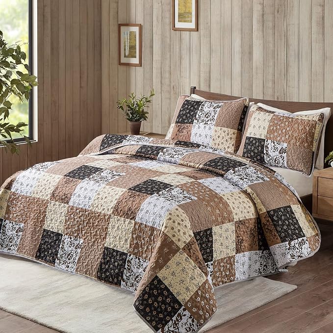 Mybedsoul Brown Patchwork Quilt Set California King Size, 3 Pieces Khaki Floral - Image 2