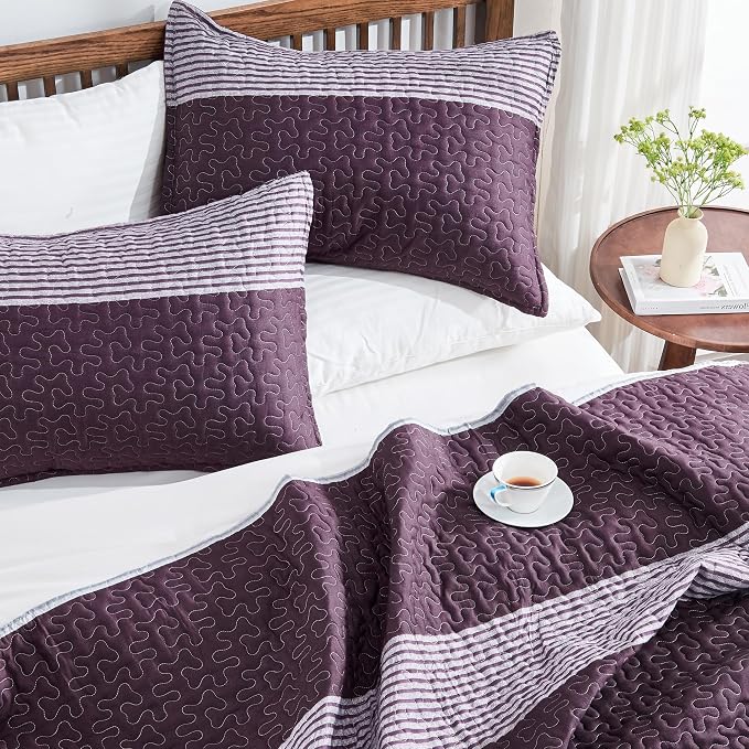 Andency Stripe Quilt Set Queen, 3 Pieces Purple and Grey Patchwork Bedspread - Image 3