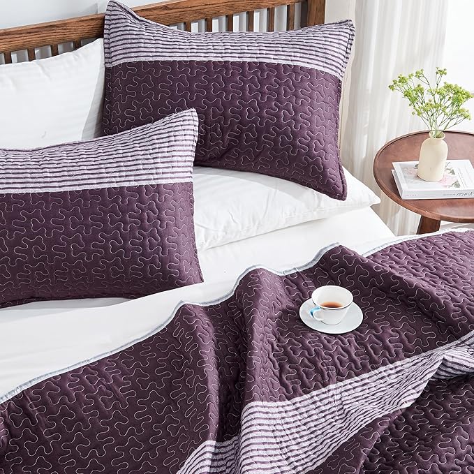 Andency Stripe Quilt Set Cal King, 3 Pieces Purple and Grey Striped Bedspread - Image 3