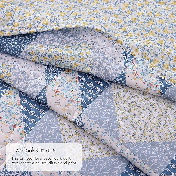 BLOOMHAVEN Quilt Set King Size, Patchwork Blue Marigold Floral Quilt Sets - Image 3