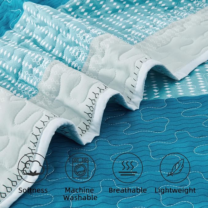 Andency Teal and White Striped Quilt Set Cal King, 3 Pieces Patchwork Bedspread - Image 5