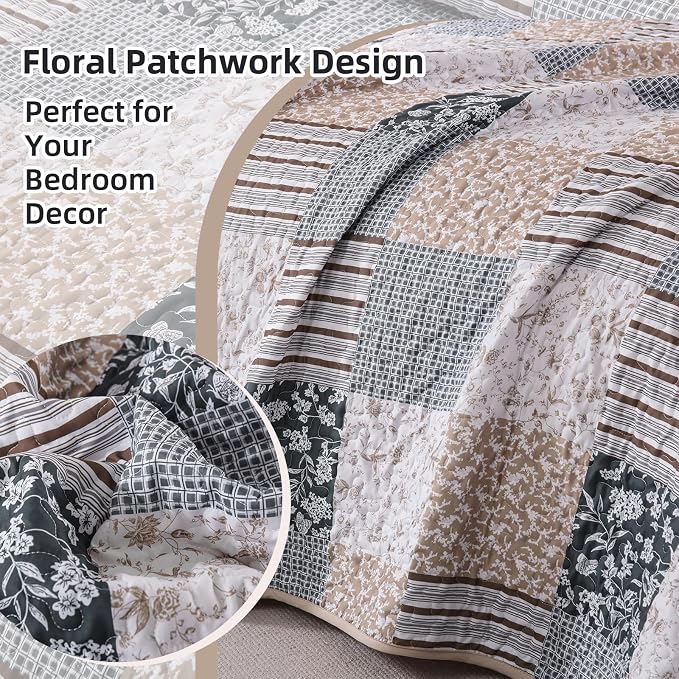 Mybedsoul Patchwork Quilt Set King Size, 3 Pieces Blue Brown Floral Plaid - Image 4