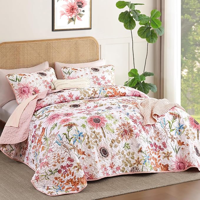 Yiran Pink Floral Quilts Queen Size, Sunflower Botanical Bedspread Bedding Set - Image 2