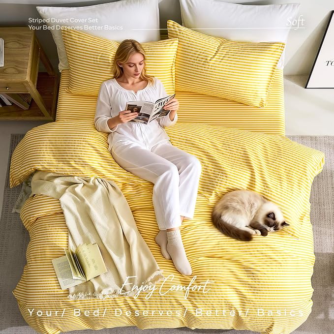 JELLYMONI 100% Natural Cotton 3pcs Striped Duvet Cover Sets, - Image 6