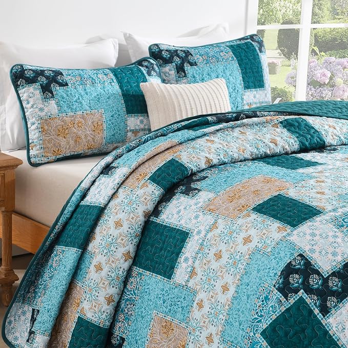 Xruibed Teal Quilt Set King Size 3 Pieces Plaid Floral Boho Bedspread Coverlet - Image 5