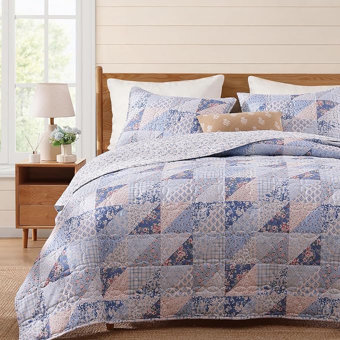 BLOOMHAVEN Quilt Set Twin Size, Patchwork Blue Pink Marigold Floral Quilt Sets by BLOOMHAVEN