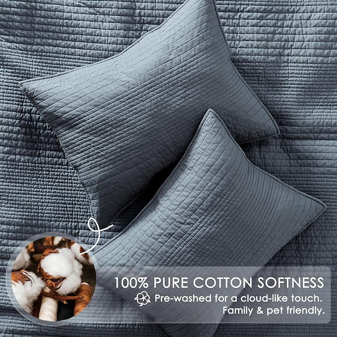 palassio Striped Blue Grey 100% Cotton Quilt Twin Size Bedding Sets, - Image 4