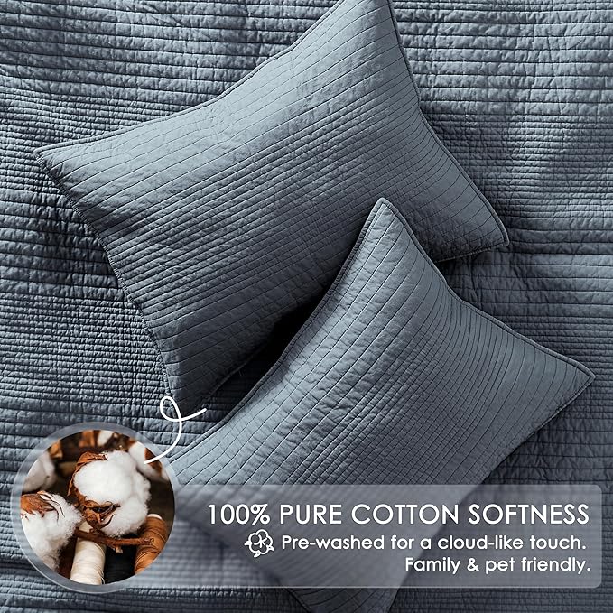 palassio Striped Blue Grey 100% Cotton Quilt King Size Bedding Sets, - Image 4