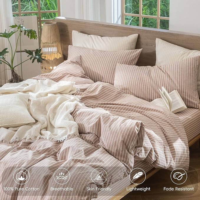 MooMee Striped Duvet Cover Set 100% Washed Cotton Linen Like Textured - Image 4