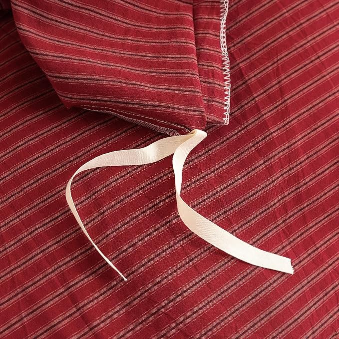 PinkMemory Red Striped Duvet Cover Queen 100% Washed Cotton Vintage Stripes - Image 6