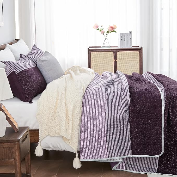 Andency Stripe Quilt Set Queen, 3 Pieces Purple and Grey Patchwork Bedspread - Image 2