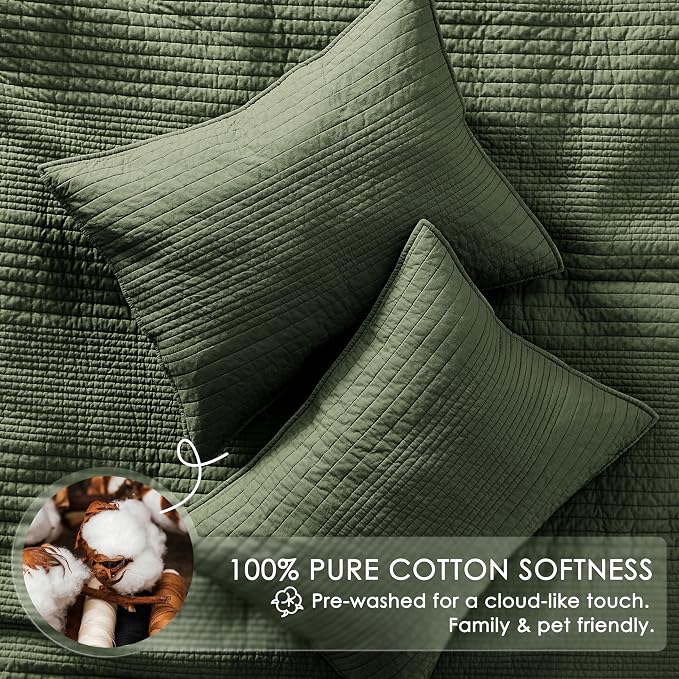 palassio Striped Olive Green 100% Cotton Quilt King Size Bedding Sets, - Image 4