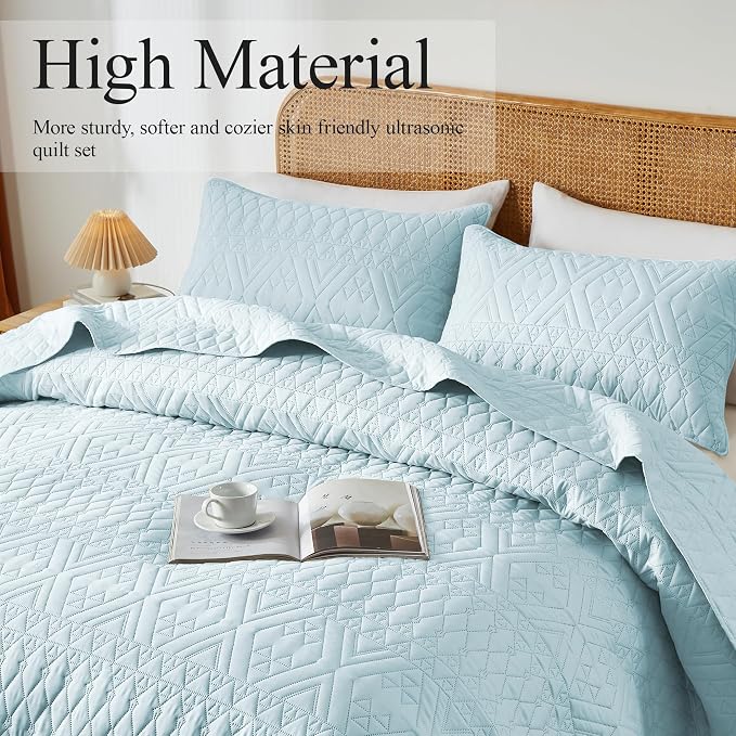 akkialla Twin Size Quilt Bedding Set, Sky Blue Lightweight Microfiber Soft - Image 3