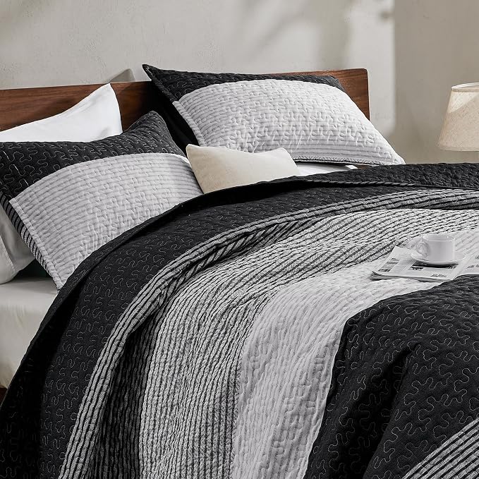 Andency Black Quilt Twin, 2 Pieces Black and White Patchwork Striped Bedspread - Image 9
