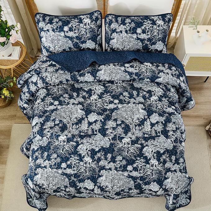 WONGS BEDDING Quilt Set Queen Size, 3 Pieces Navy Blue Floral Plants Printed - Image 6