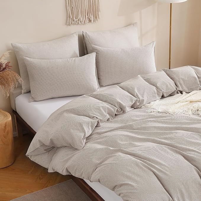 TOCOMOA Mini Gingham Tan Duvet Cover Bedding Set 100% Washed Cotton Like Linen - Image 4