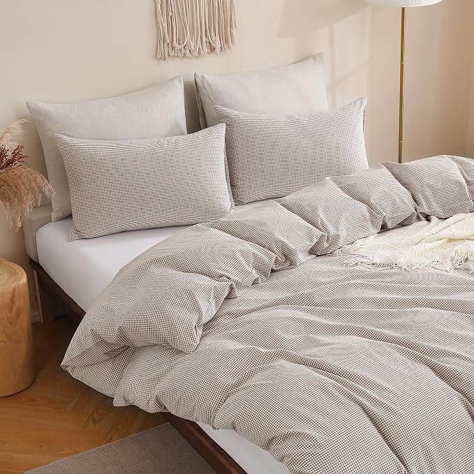 TOCOMOA Mini Gingham Tan Duvet Cover Bedding Set 100% Washed Cotton Like Linen - Image 4