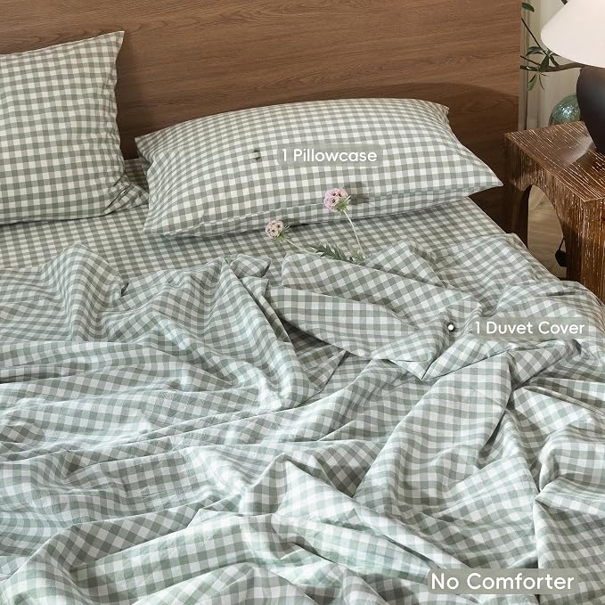 MooMee Gingham Duvet Cover Set 100% Washed Cotton Linen Like Textured - Image 2