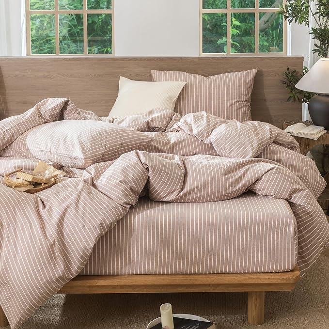 MooMee Striped Duvet Cover Set 100% Washed Cotton Linen Like Textured - Image 6
