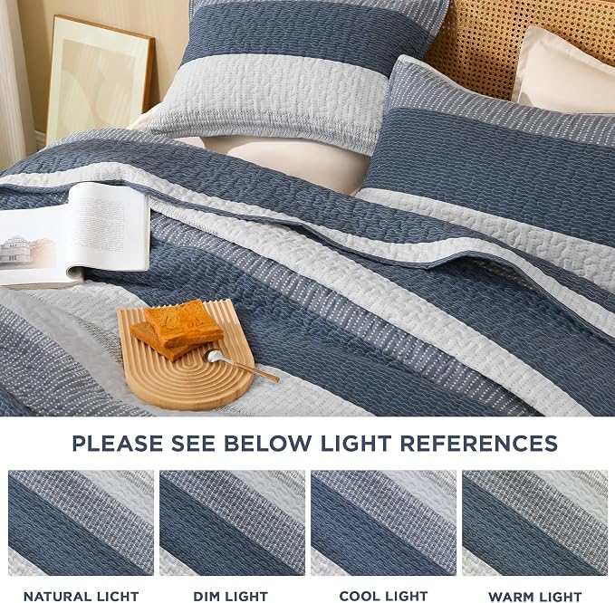Litanika King Size Quilt Set Navy Blue, Stripe Patchwork Summer Bedspread - Image 7