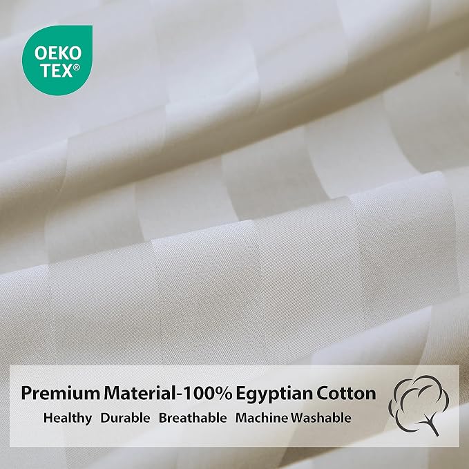 Twin XL Size Striped Fitted Sheet Only Light Beige Color, 100% Egyptian Cotton - Image 3