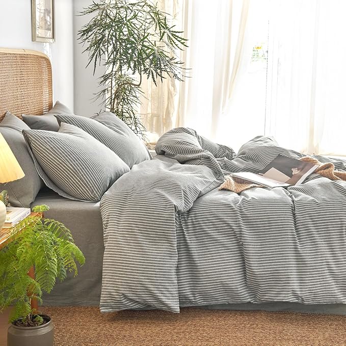 Wake In Cloud - Striped Cotton Duvet Cover Set, 100% Washed Cotton Textured - Image 5