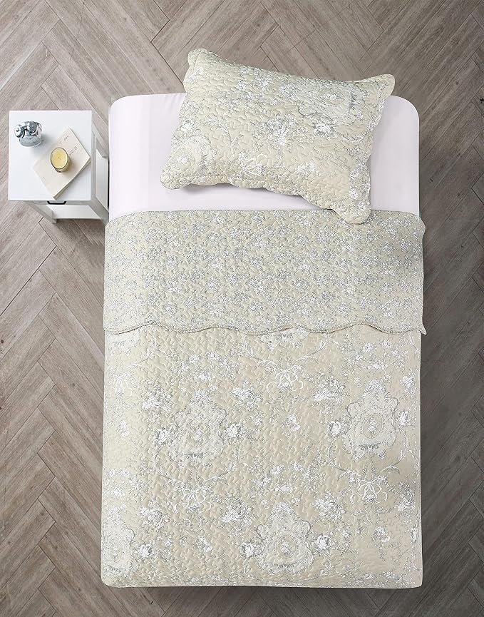 Brilliant Sunshine Classic Grey Floral Toile in Beige Background, 2-Piece Quilt - Image 4