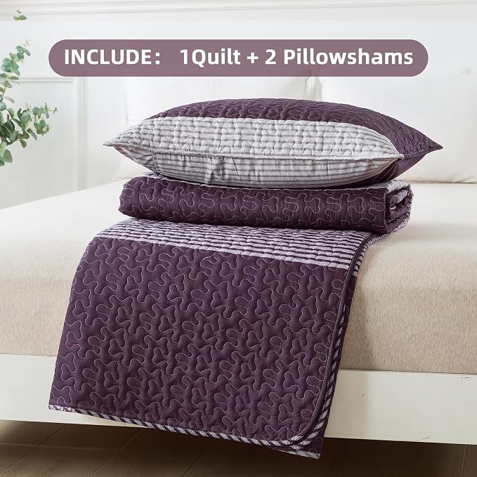 Andency Stripe Quilt Set Queen, 3 Pieces Purple and Grey Patchwork Bedspread - Image 7