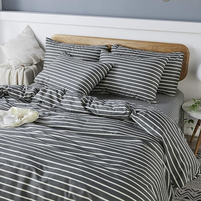 JELLYMONI 100% Natural Cotton 3pcs Striped Duvet Cover Sets, Dark Grey Duvet - Image 2