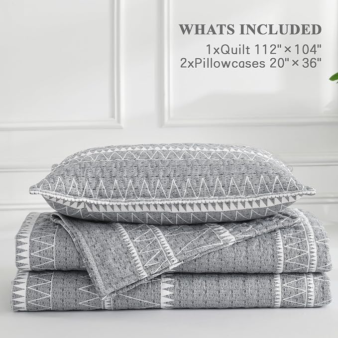 Andency California King Quilt Set Grey, 3 Pieces Boho Lightweight Soft Striped - Image 8