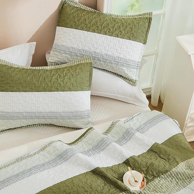 Andency Queen Quilt Bedding Set Olive, 3 Pieces Patchwork Olive Green Striped - Image 3