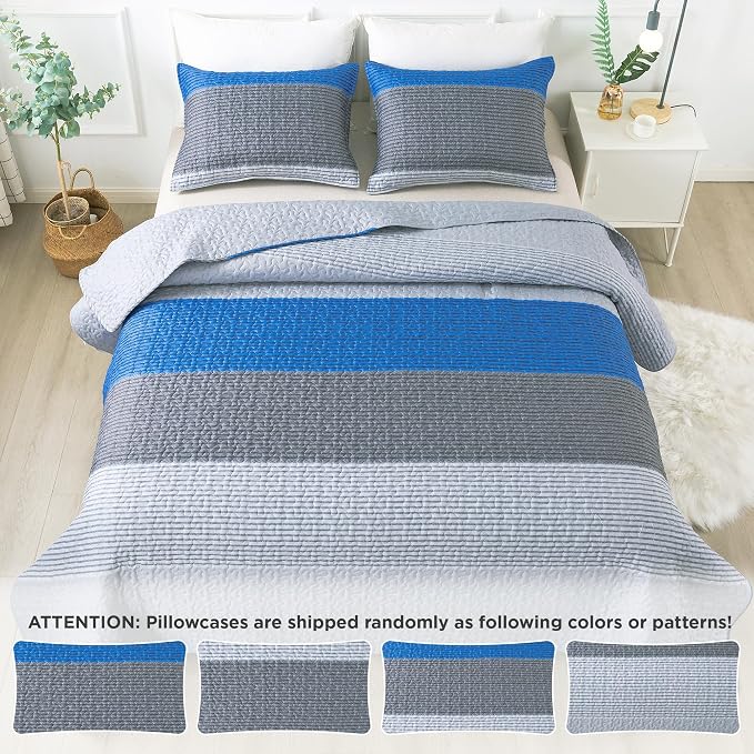 Andency Stripe Quilt Set Queen, 3 Pieces Blue and Grey Patchwork Bedspread - Image 7