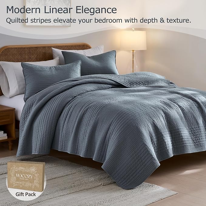 palassio Striped Blue Grey 100% Cotton Quilt King Size Bedding Sets, - Image 2