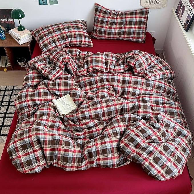 mixinni Vintage Red & Brown Buffalo Plaid Duvet Cover Set Full Size - Image 3