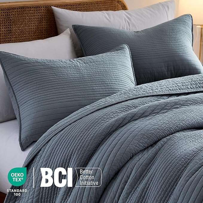 palassio Striped Blue Grey 100% Cotton Quilt King Size Bedding Sets, - Image 3