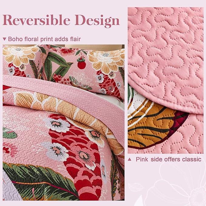 Tyrot 3 Piece Pink Boho Floral King Size Quilt Sets Farmhouse Botanical - Image 3