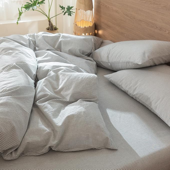 MooMee Striped Duvet Cover Set 100% Washed Cotton Linen Like Textured - Image 8