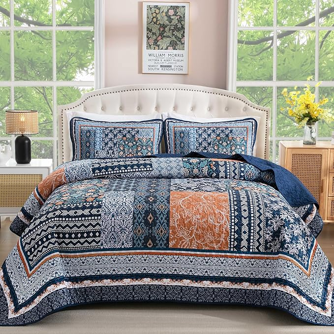 WONGS BEDDING Navy Blue Quilt Set Queen Size, Bohemian Patchwork Bedspread by WONGSBEDDING