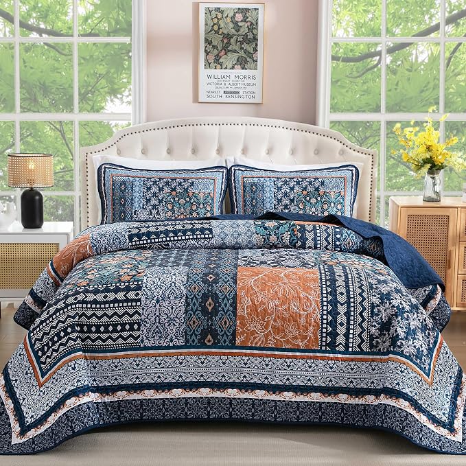 WONGS BEDDING Navy Blue Quilt Set King Size, Bohemian Patchwork Bedspread by WONGSBEDDING