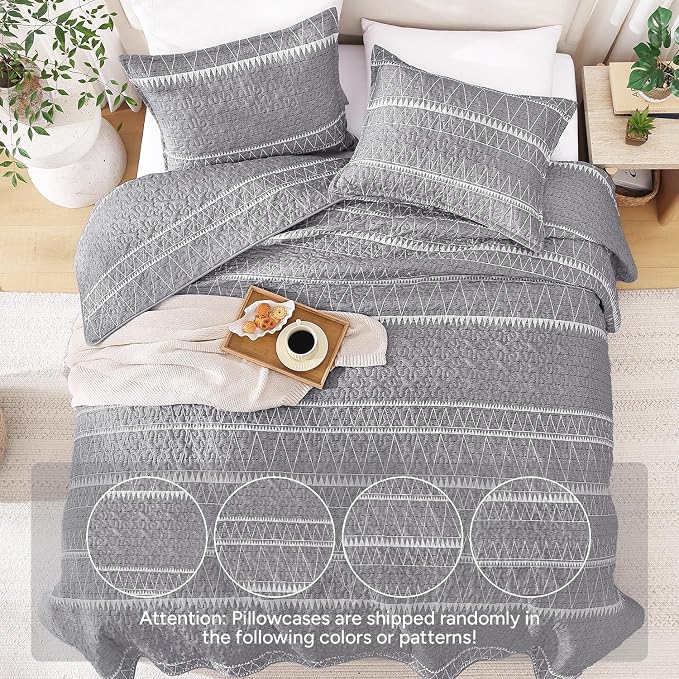Andency Oversized Super King Quilt Set Grey, 3 Pieces Boho Lightweight Soft - Image 3